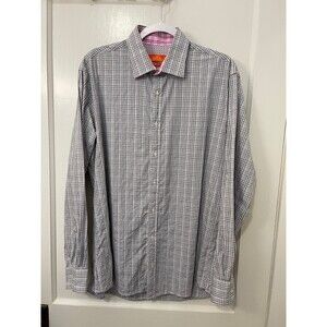 Tallia Men's Slim Fit Dress Shirt Gray White Pink Plaid Size 16.5 34/35